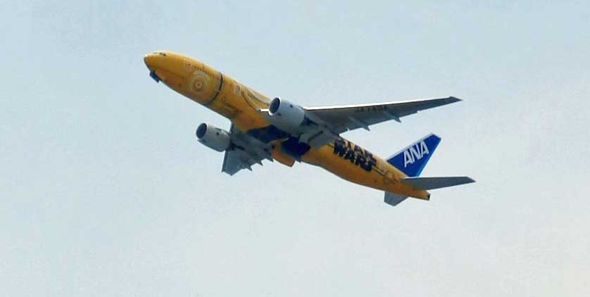 Star Wars themed ANA airplane seen from the maintenance hangar, Japan.