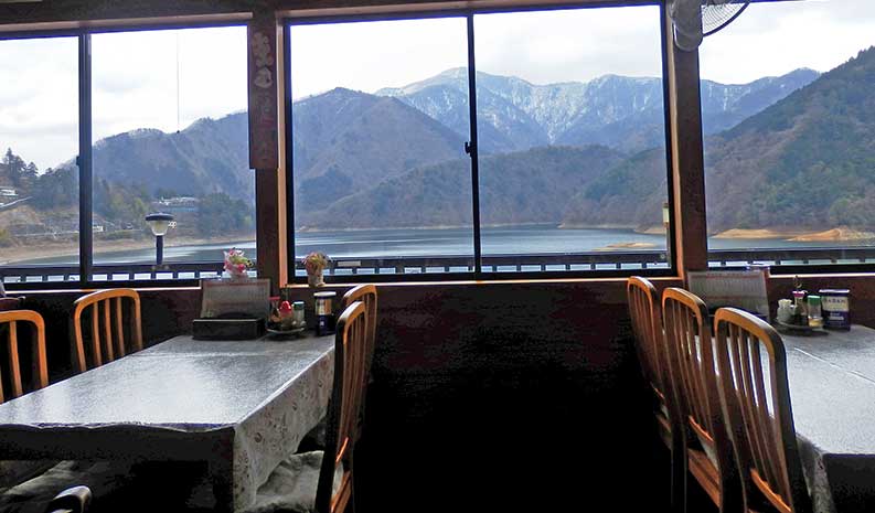 View from the Nonkia ramen & soba restaurant towards Okutama Lake, Japan.