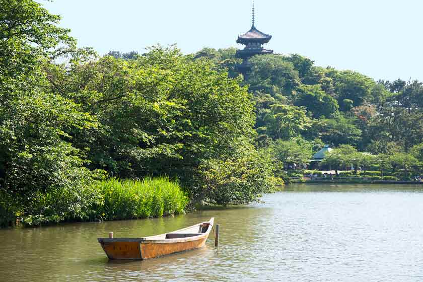 Boat on Main Pond, Sankeien Garden, Three-Story Pagoda behind.