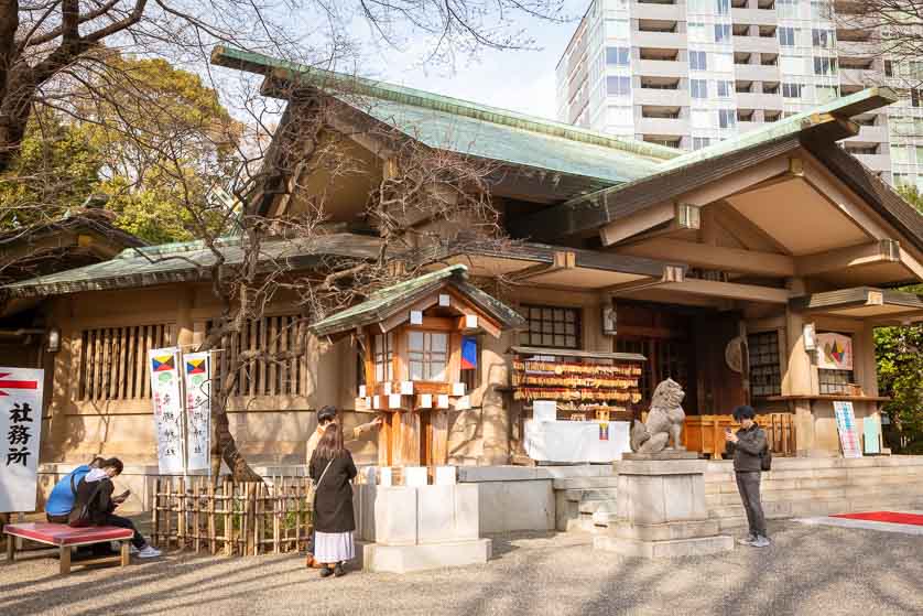 Visitors to shrine building, Togo Jinja Shrine, Harajuku, Tokyo.