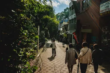 Footpath with shops on one side and bushes on the other. 