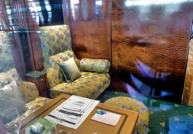 Lounge area of the standard twin room on the Twilight Express Mizukaze