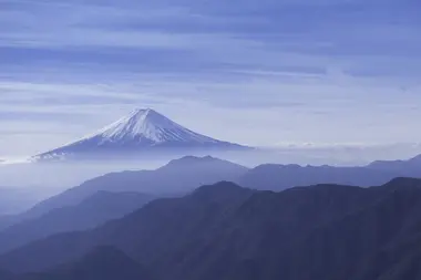 Mount Fuji as seen from the mountains in Otsuki