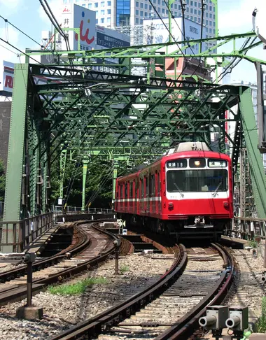 Un train de la Keikyû sur le pont de Shinagawa, depuis le passage à niveau