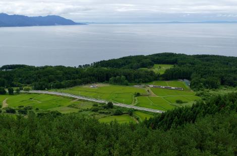 Panorama view on Gono railway line coast, Japan Tohoku