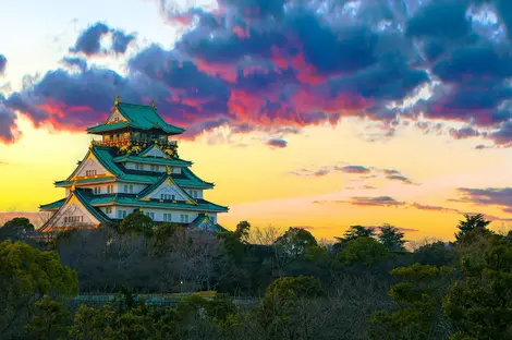 Le château d'Osaka au Japon est entouré d'un parc avec de nombreux pruniers et cerisiers en fleur