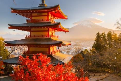 Mount Fuji from Kawaguchiko pagoda in Fall season 