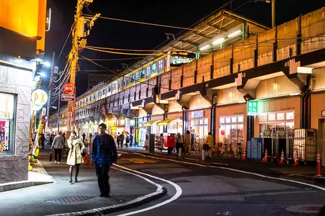 Nighttime under the Sobu Line at Ryogoku Station