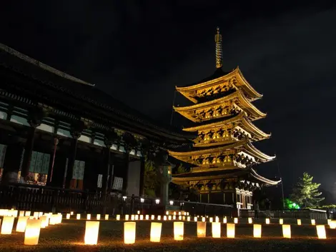 Lámparas frente a la pagoda de cinco pisos del templo Kofukuji.