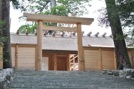 En haut d'une volée de marches, l'entrée du Naïku d'Ise, le plus saint des sanctuaires du Japon.