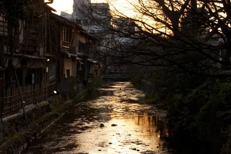 Le quartier de Shirakawa à Kyoto à la tombée de la nuit.