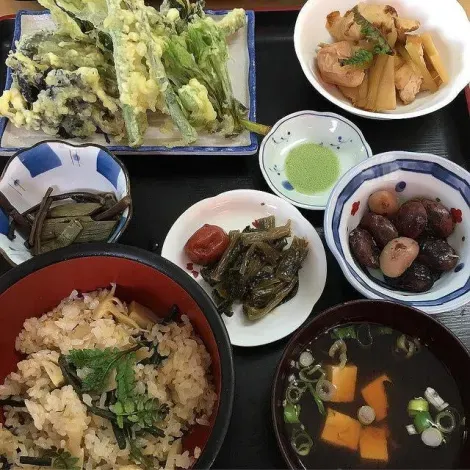 Repas cuisiné avec des légumes des montagnes japonaises