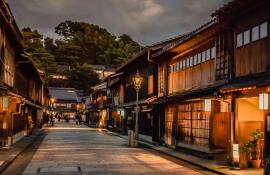 Traditional geisha quarter with old wooden houses in Kanazawa, Japan 