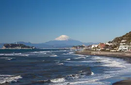 Mount Fuji from Enoshima beach in Kamakura seaside, close to Tokyo