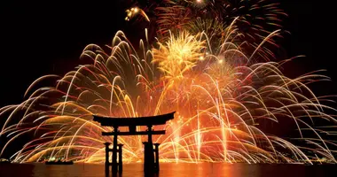 Fireworks near the sanctuary itsukushima in Miyajima 