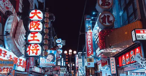 Dotonbori is one of the principal tourist destinations in Osaka, running along the canal in Namba