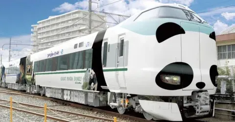 Le train aux couleurs d'un panda, dans la préfecture de Wakayama, au Japon