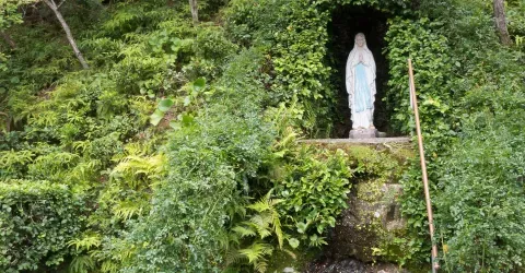Paysage typique des îles Goto : la vierge Marie entourée de verdure 