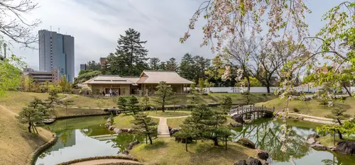 Pond with bridges over in a garden in Kanazawa