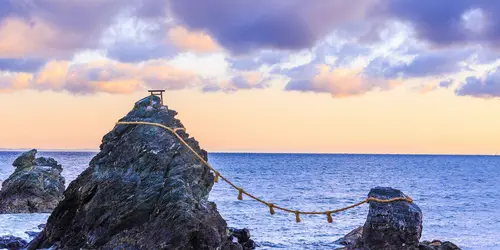 The Wedded Rocks are two sacred rocks in the ocean close to spiritual city of Ise