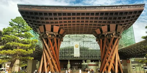 Kanazawa - Modern train station with wood huge torii